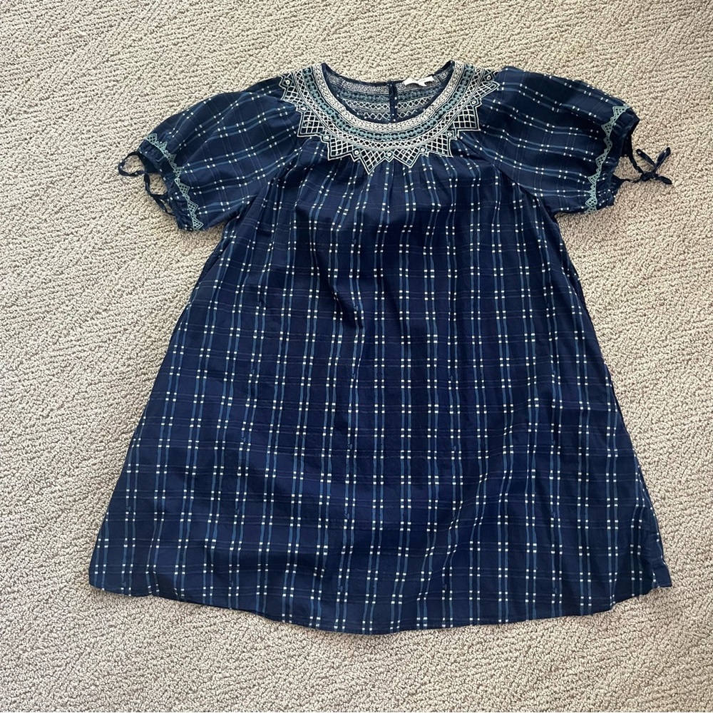 Madewell Embroidered Puff Sleeve Babydoll Dress in Indigo Plaid